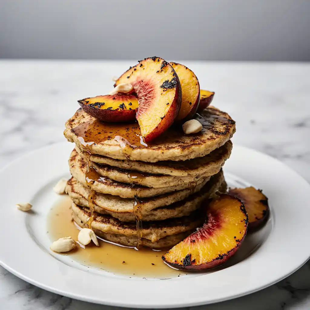 Macadamia Pancakes with Grilled Summer Fruits Macadamia pancakes with grilled fruit - caramelized peaches and nectarines