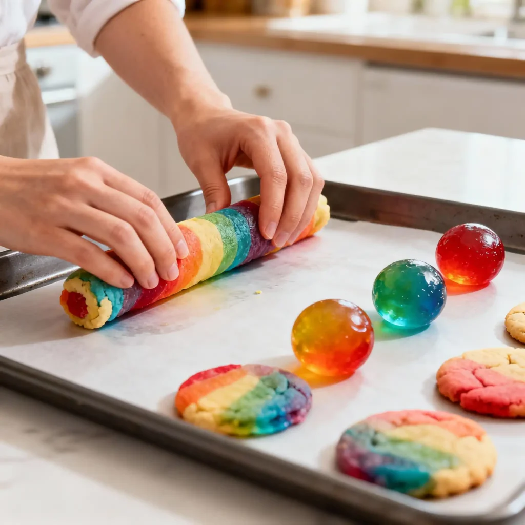 Preparing-Rainbow-Jello-Sugar-Cookie-Dough-Balls Rolling rainbow dough balls for Jello Sugar Cookies