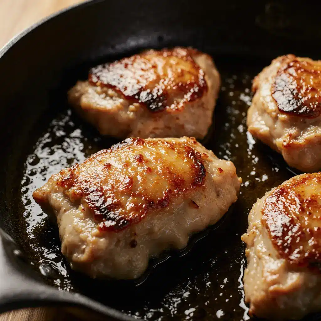 Searing Chicken Thighs for Stew Chicken thighs searing in skillet, golden brown