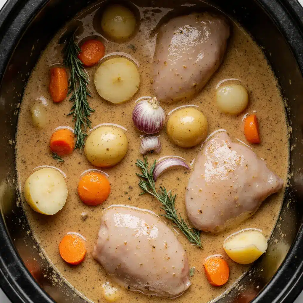 Slow Cooker Stew Ingredients creamy slow cooker chicken stew key ingredients arranged closely