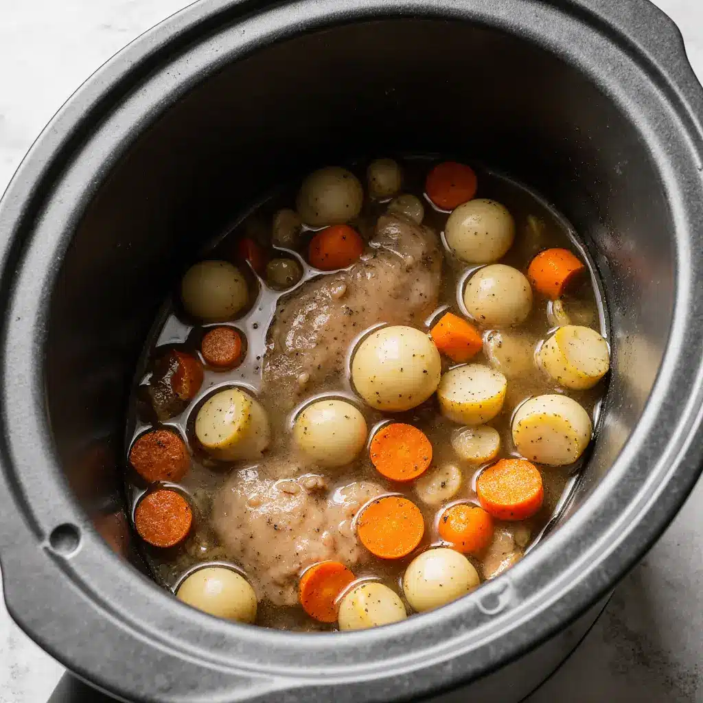 Stew Ingredients Layering in Cooker Layered chicken and vegetables in slow cooker insert