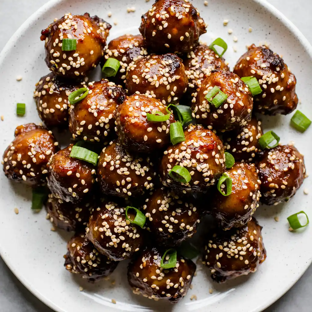 Sticky glazed chicken bites with sesame and scallions on a white platter