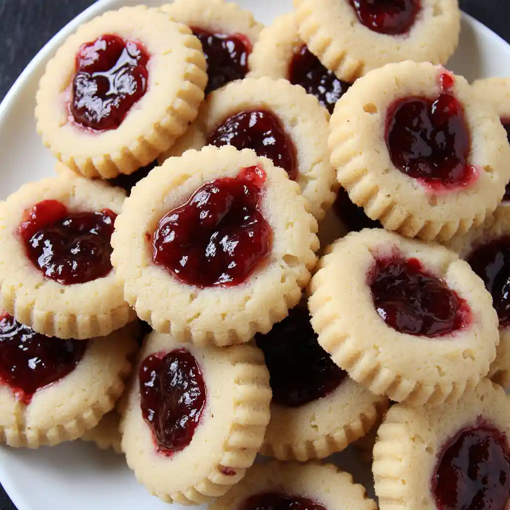Thumbprint-Cookies-Origins-Raspberry-Jam Traditional thumbprint cookies filled with raspberry jam, representing the origins of this classic treat