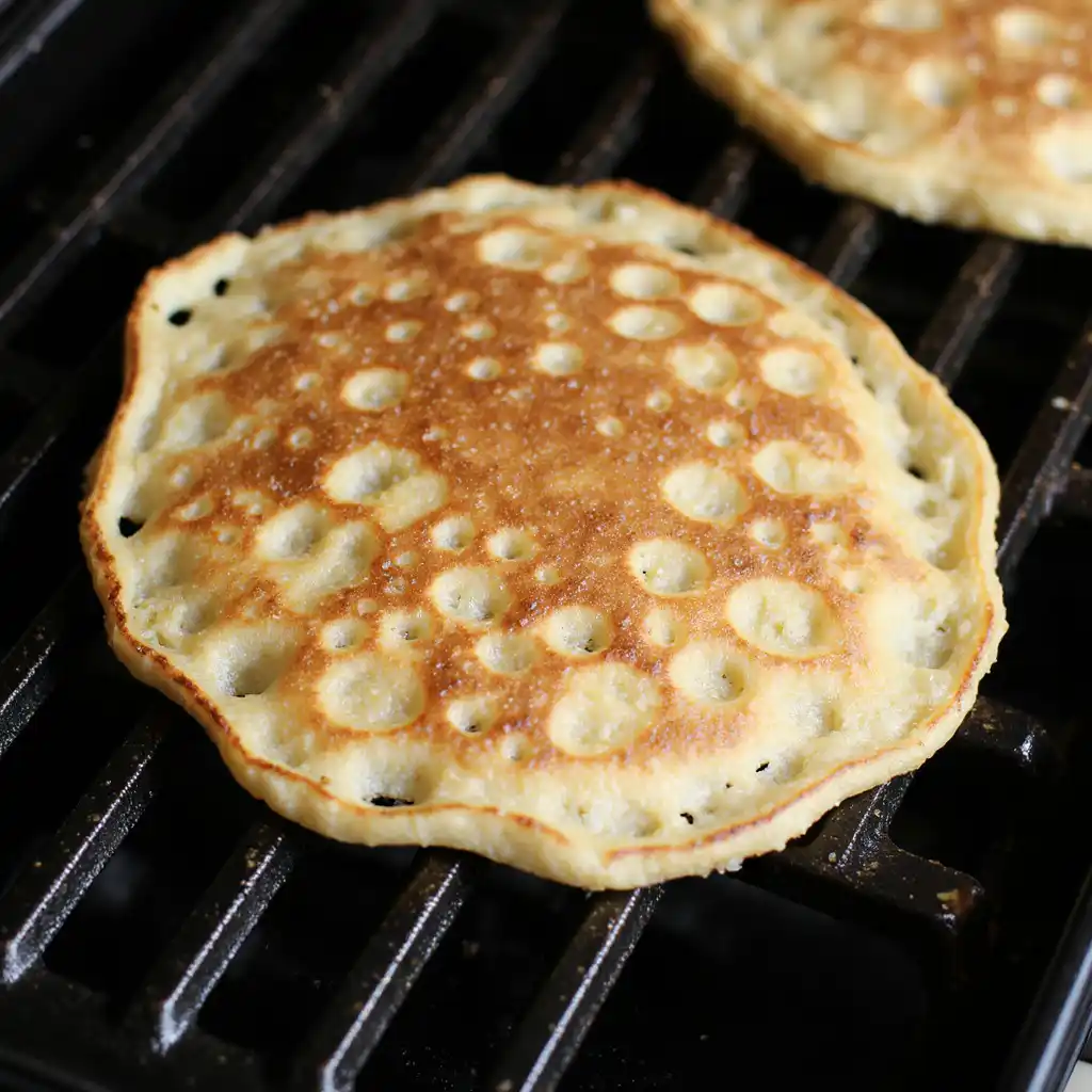 When to Flip Macadamia Pancakes Cooking macadamia pancakes on griddle - golden pancakes with bubbles forming on surface