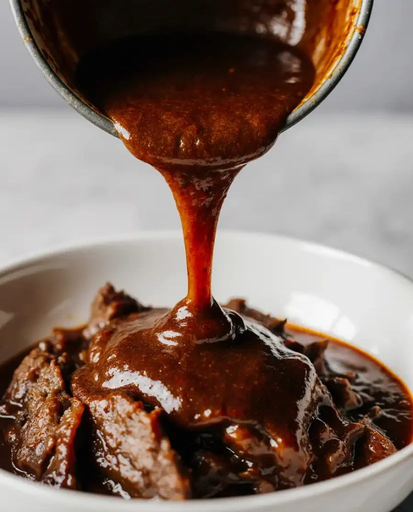 adobo-sauce-for-birria Pouring homemade adobo sauce over beef to make the consomé for a birria ramen recipe.