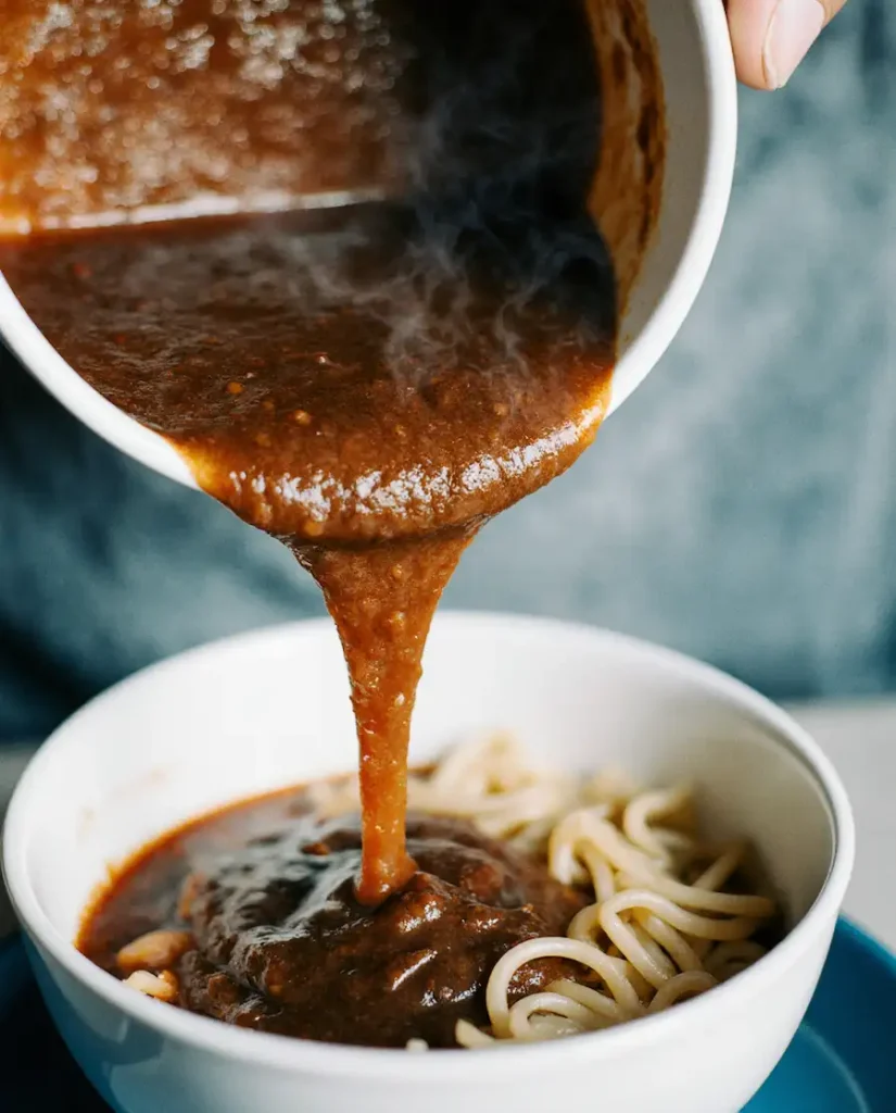 assembling-birria-ramen hot birria consomé over noodles to assemble the birria ramen recipe.