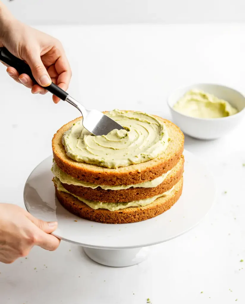 assembling-pistachio-cake-layers assembling pistachio cake recipe layers with cream filling
