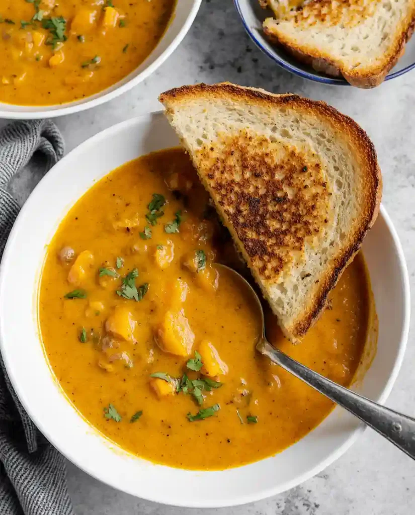autumn-squash-soup-and-grilled-cheese A bowl of autumn squash soup served with a perfectly gooey grilled cheese sandwich.