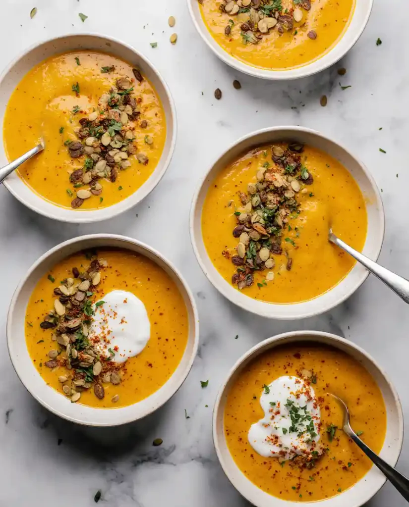 autumn-squash-soup-garnishes Several bowls of autumn squash soup with different garnishes, showing customization options.