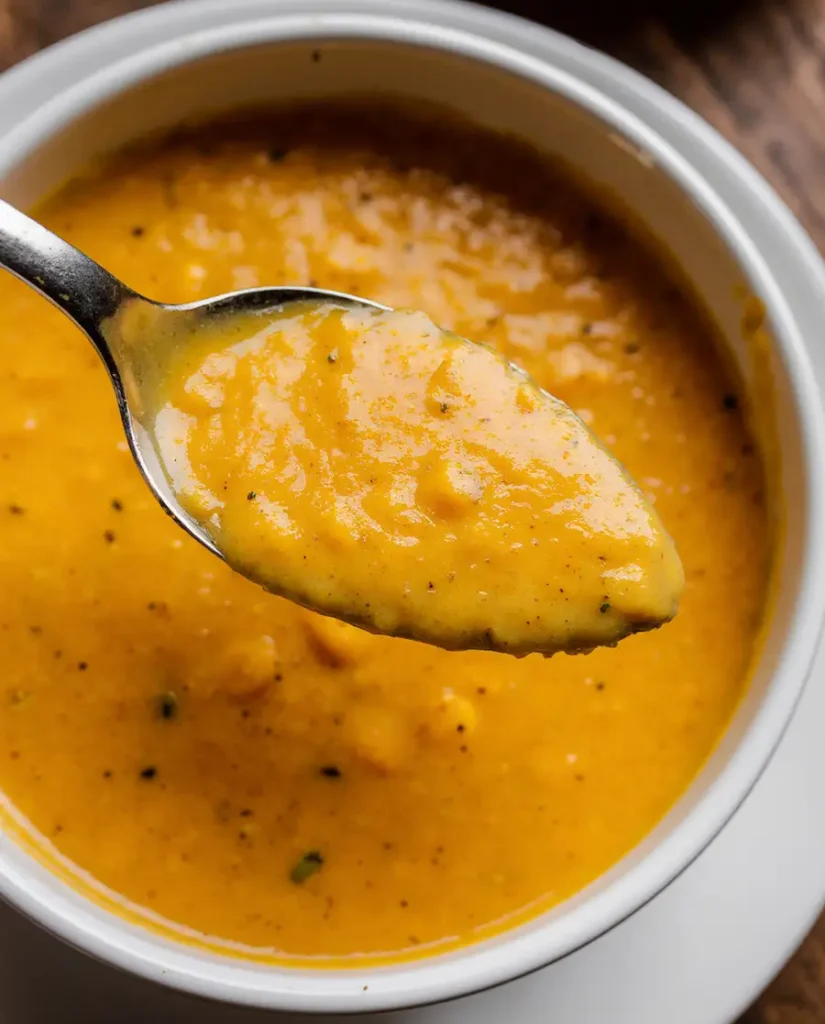 autumn-squash-soup-texture spoonful of creamy autumn squash soup, showing its perfect texture.