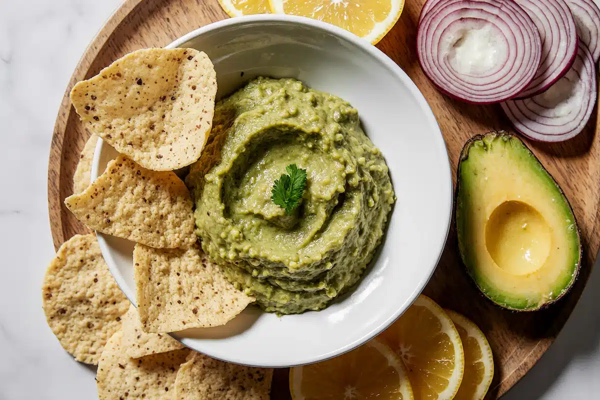 Three types of onions (white, red, and yellow) displayed with fresh guacamole for comparison - best onion for guacamole kitchen test