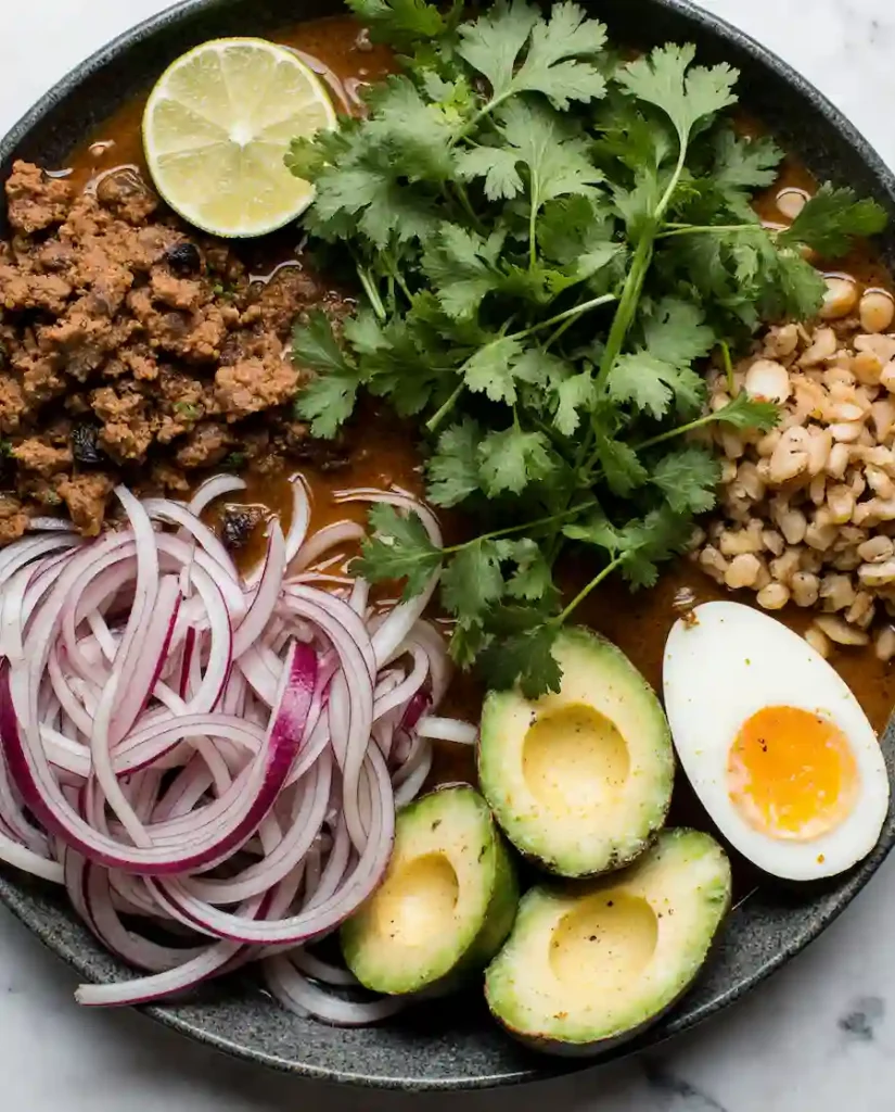 birria-ramen-toppings Toppings for the birria ramen recipe, including onion, cilantro, lime, and soft-boiled eggs.