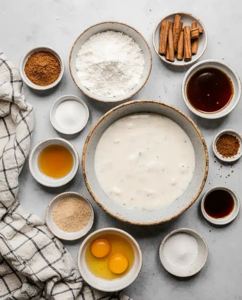 cinnamon-roll-cake-donuts-recipe-ingredients-modern Ingredients for Cinnamon Roll Cake Donuts recipe laid out on a counter.