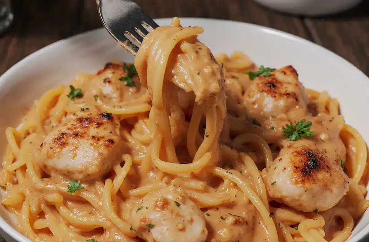 A forkful of creamy cowboy butter chicken linguine recipe with juicy chicken