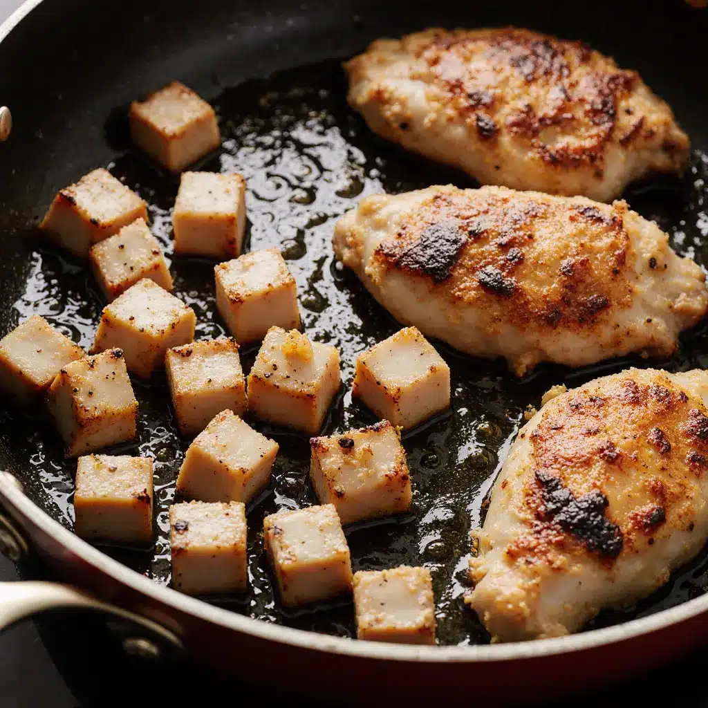 cowboy-butter-chicken-linguine-recipe-searing-chicken-modern Cubed chicken searing in a skillet for the cowboy butter chicken linguine recipe