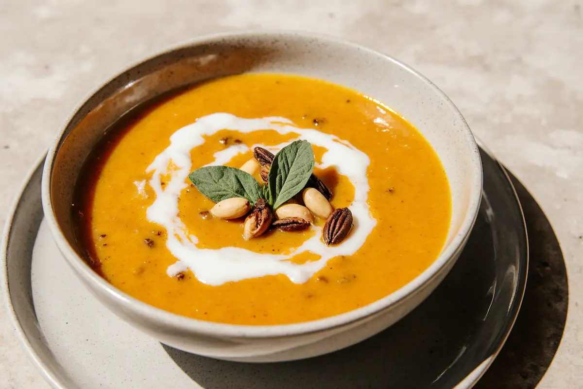 A bowl of creamy, vibrant orange autumn squash soup garnished with pumpkin seeds on a minimalist plate.