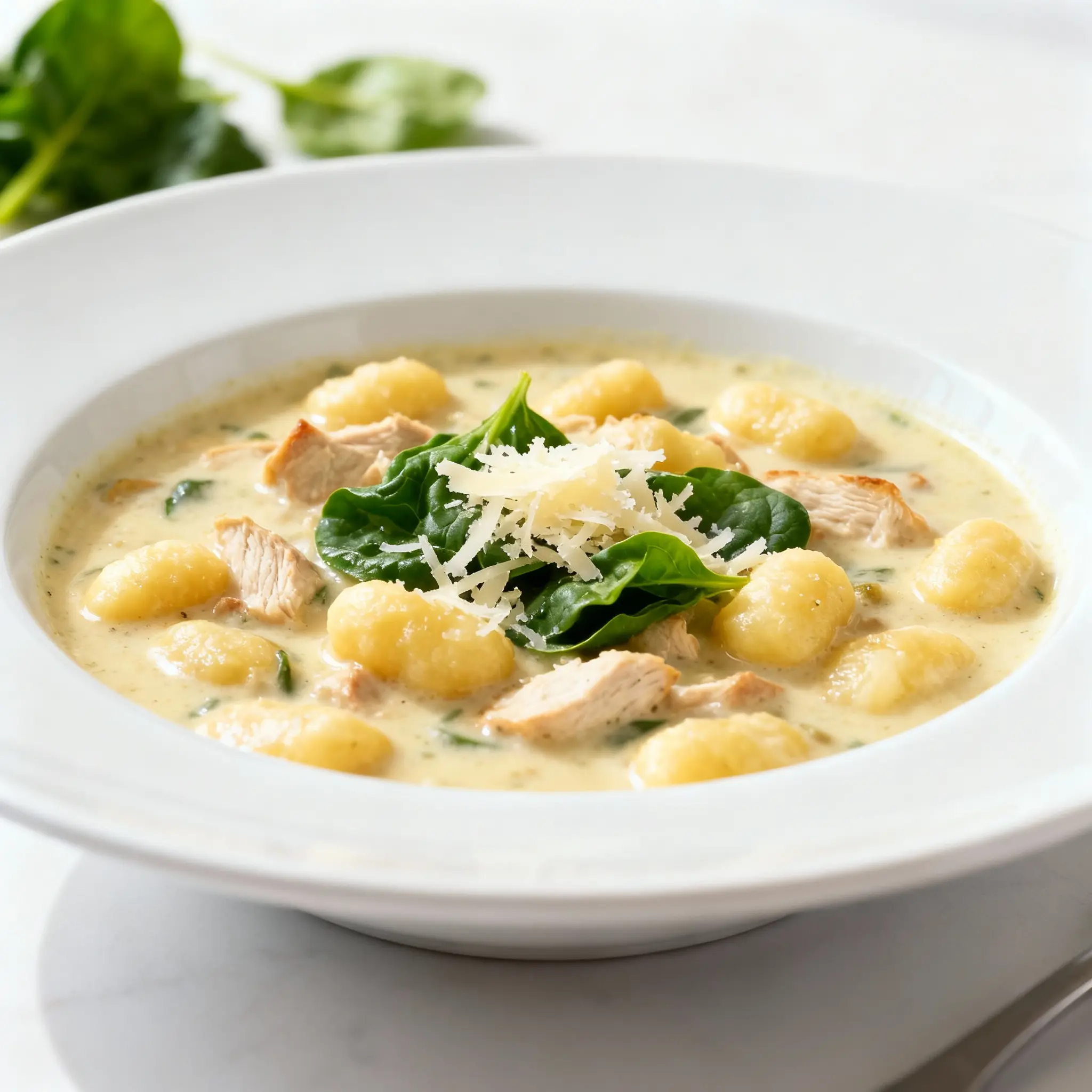 creamy chicken gnocchi soup crock pot in modern white bowl with fresh spinach and parmesan cheese