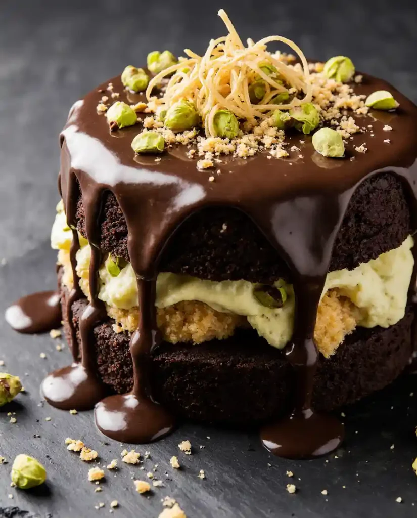 dubai-chocolate-pistachio-cake Dubai chocolate pistachio cake recipe with kataifi filling and chocolate ganache