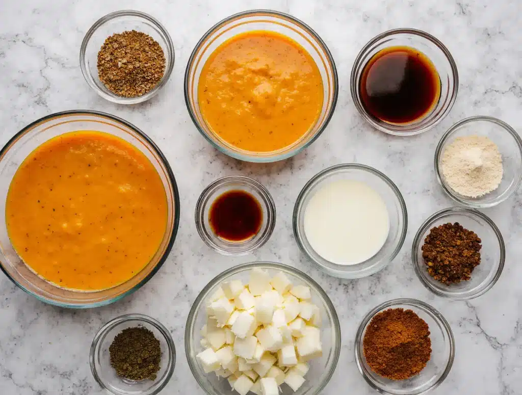 easy-pumpkin-soup-ingredients-modern Ingredients for easy pumpkin soup including canned pumpkin, onion, and spices.