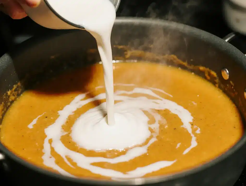 easy-pumpkin-soup-variations-modern Adding a swirl of cream to a pot of easy pumpkin soup.