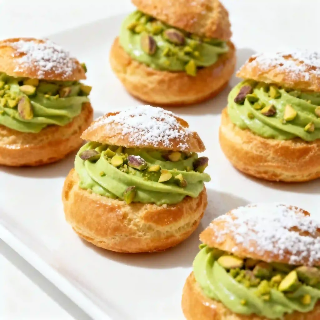 finished-pistachio-ganache-cream-puffs pistachio ganache cream puffs