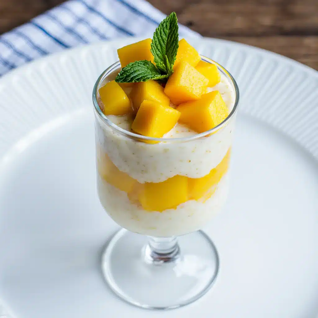 garnish-and-serve-mango-sago mango sago dessert recipe guide garnished with mango cubes and mint in clear glass