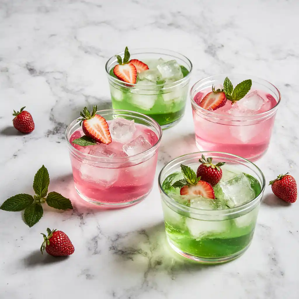 Colorful gelatin diet recipe cubes in glass containers with fresh berries and mint garnish on marble counter