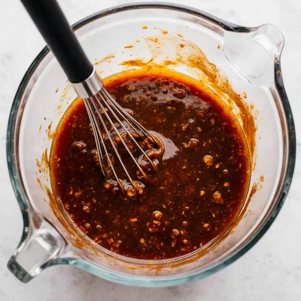 gochujang-marinade-process Whisking chili paste, soy, honey, and rice vinegar in a glass bowl