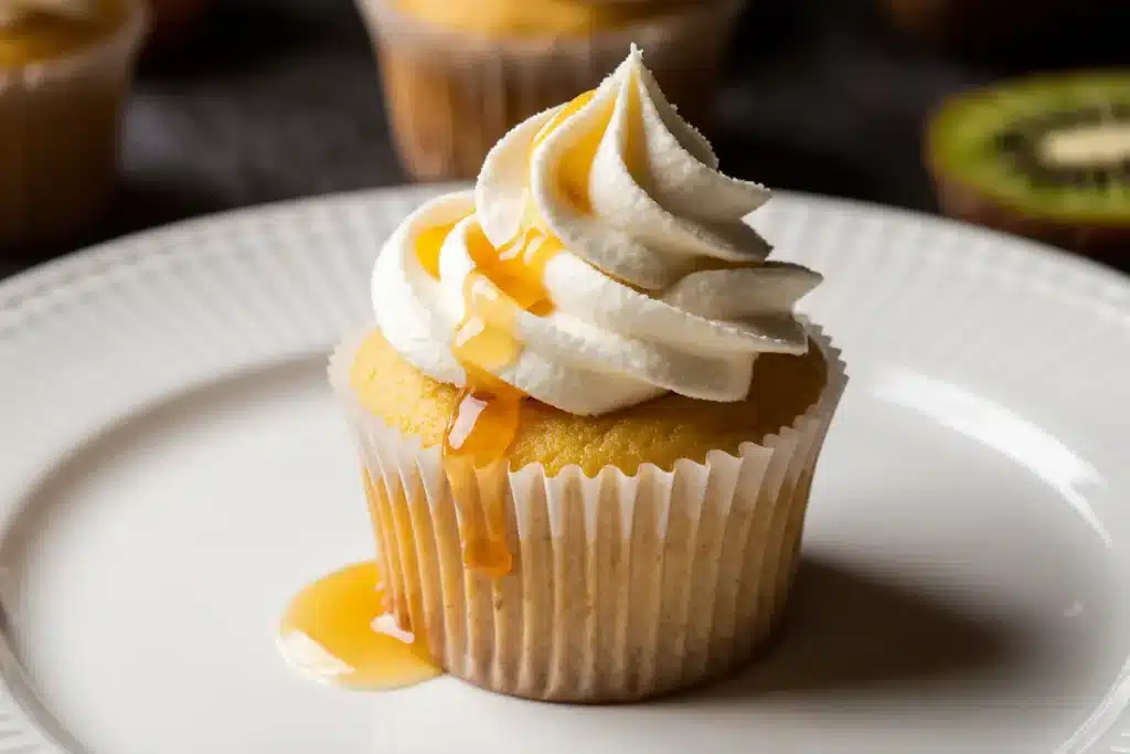 The Kiwi Cupcake Recipe NZ That's Taking New Zealand by Storm. 1 A golden kiwi and mānuka honey cupcake recipe NZ on a minimalist plate, showcasing fluffy frosting.
