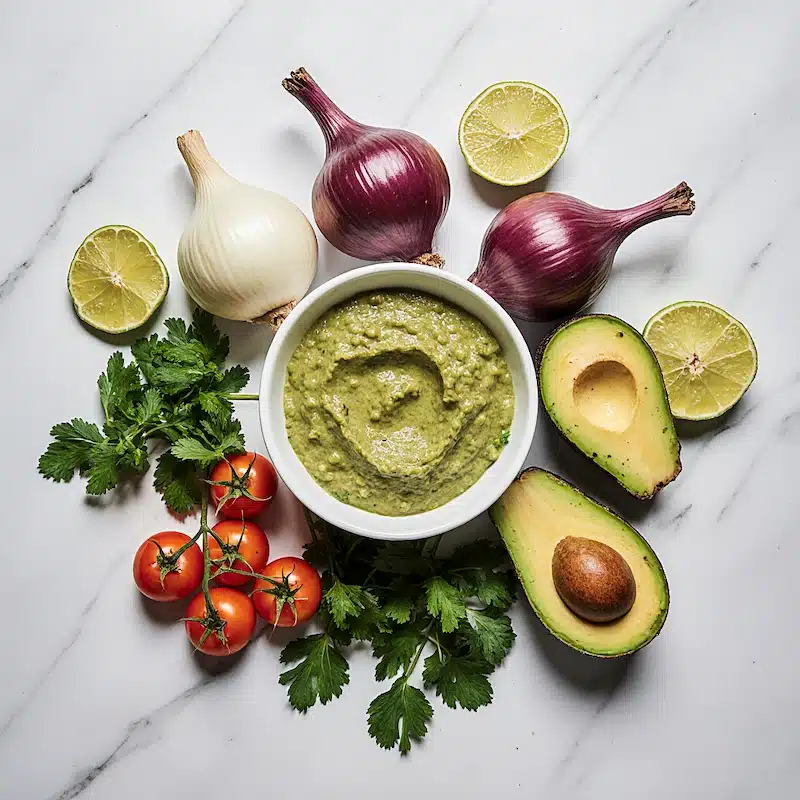 Guacamole ingredients white, red, yellow onion