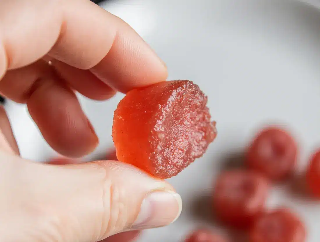 A hand holding a single healthy watermelon gummy to show its texture.