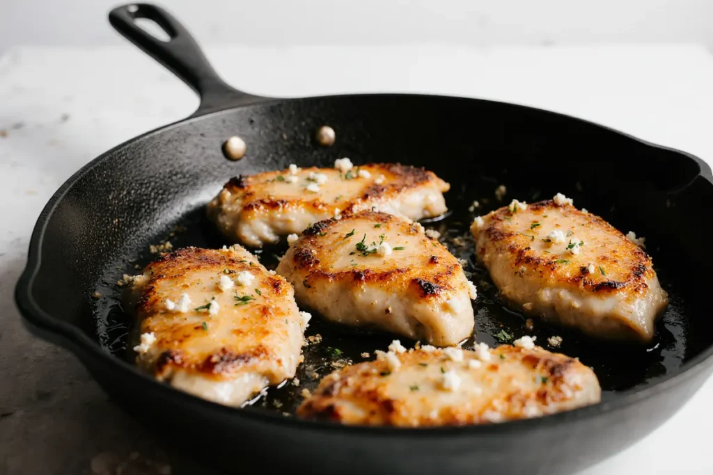 hot-honey-feta-chicken-recipe-cooking-pan-fried-method Hot honey feta chicken recipe cooking process showing golden chicken being pan-fried in skillet