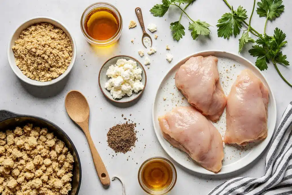 hot-honey-feta-chicken-recipe-ingredients Hot honey feta chicken recipe ingredients including chicken breasts, panko, feta cheese, and honey