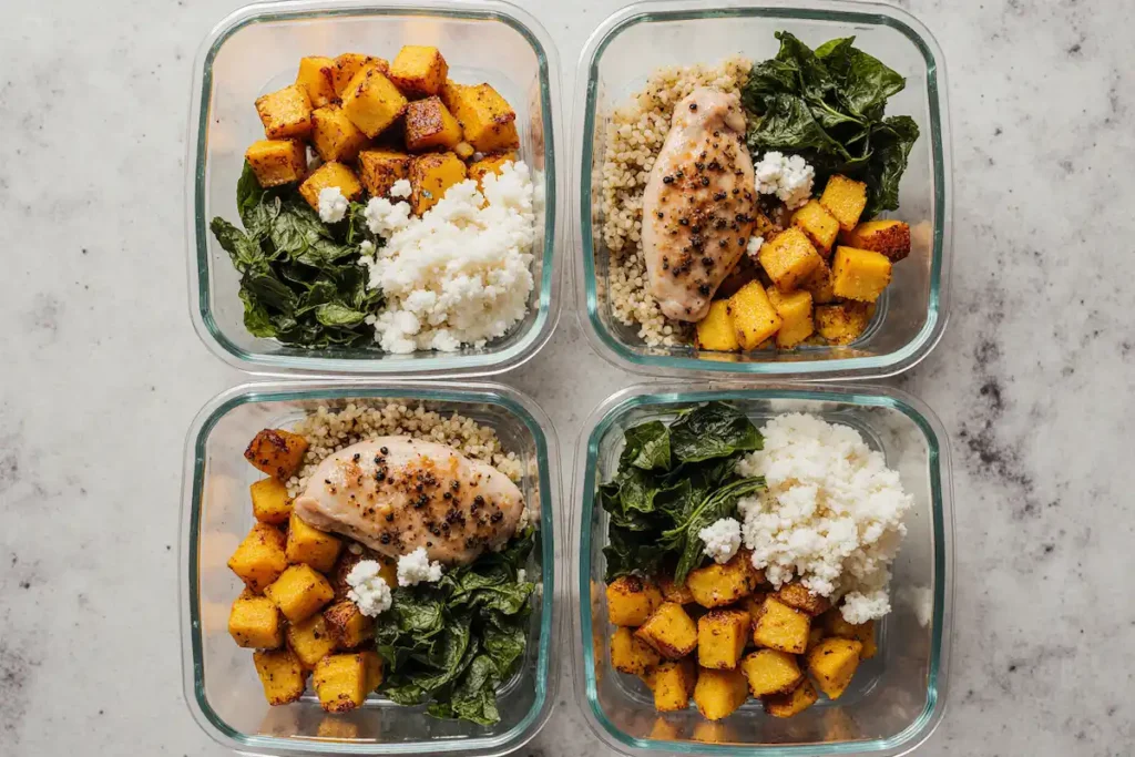 hot-honey-feta-chicken-recipe-meal-prep-containers Hot honey feta chicken recipe meal prep bowls with quinoa, sweet potatoes, and vegetables