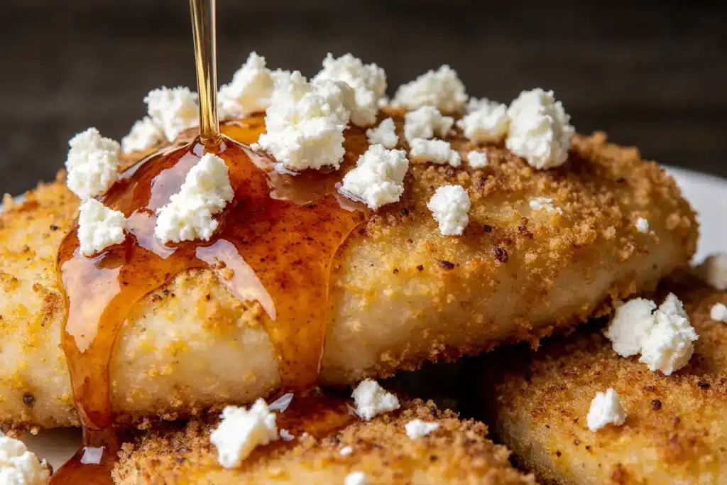 hot-honey-feta-chicken-recipe-texture-detail-crispy Hot honey feta chicken recipe close-up showing crispy panko texture with feta and honey drizzle
