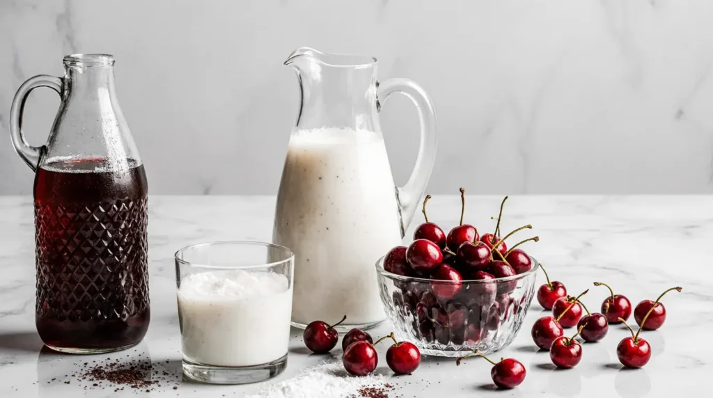 ingredients-for-cherry-cream-soda A flat lay of ingredients for the cherry cream soda recipe, including fresh cherries, sugar, club soda, and heavy cream.