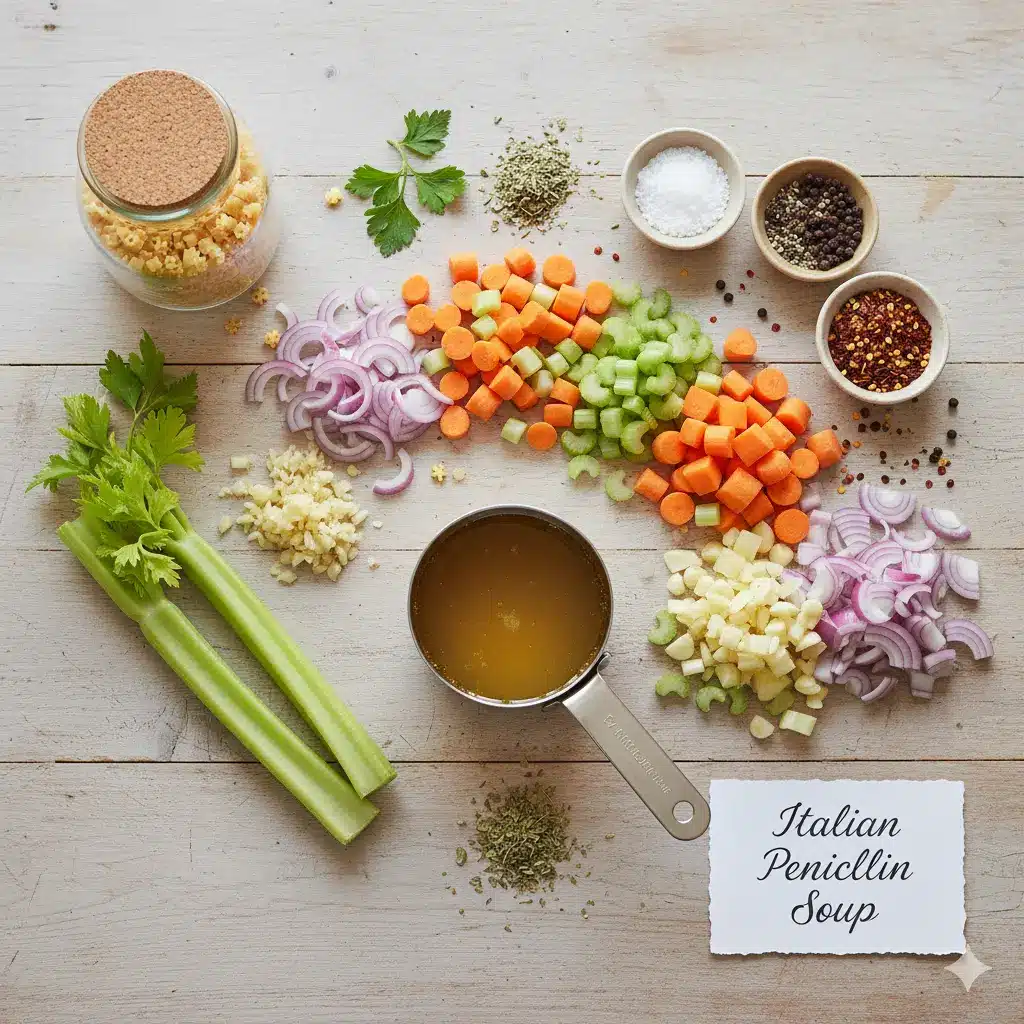 italian-penicillin-soup-ingredients-complete Complete ingredients layout for authentic Italian Penicillin Soup recipe