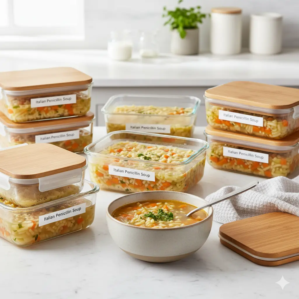 Italian Penicillin Soup meal prep storage containers and freezing guide