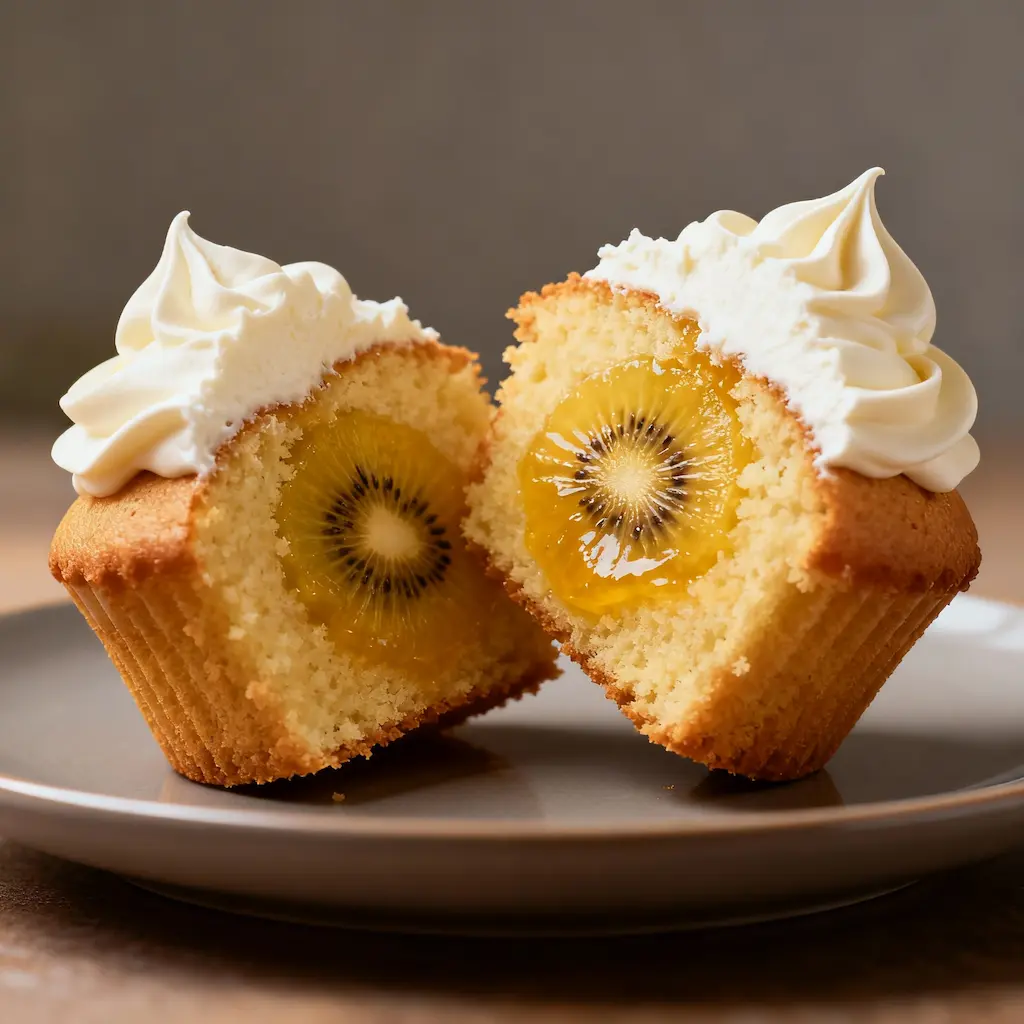kiwi-cupcake-cross-section Cross section of a filled golden kiwi cupcake recipe NZ showing the moist crumb and jam center.