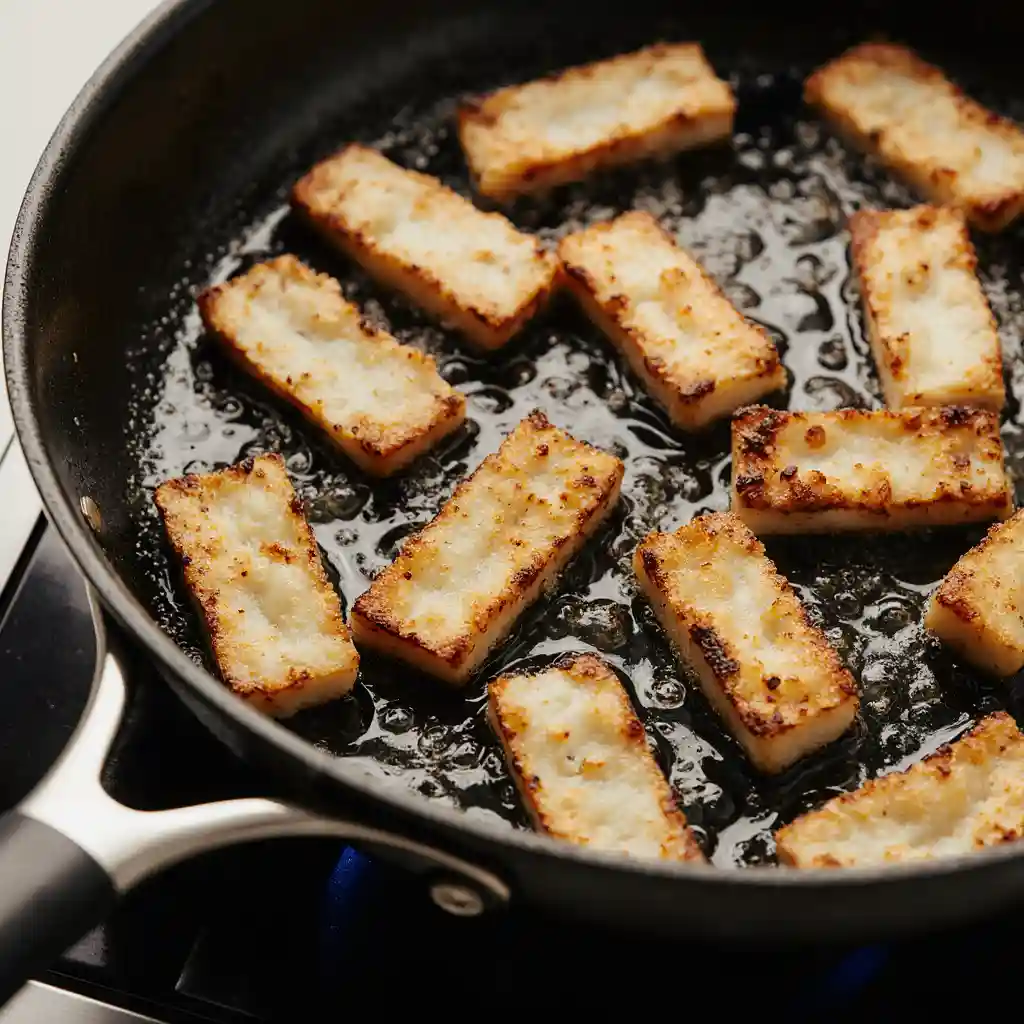 pan-fried-halloumi-fries Golden halloumi fries being pan-fried in a skillet until crispy.