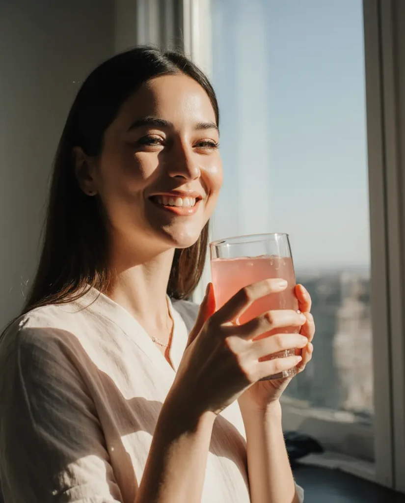 pink salt acv drink morning routine lifestyle Woman enjoying pink salt and apple cider vinegar drink as part of healthy morning routine