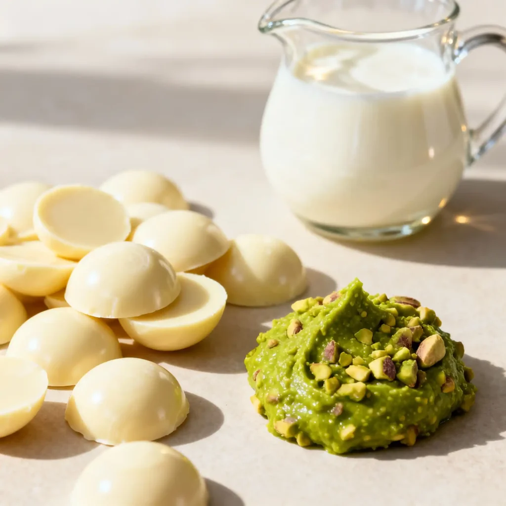 pistachio-ganache-ingredients pistachio ganache recipe ingredients on a clean surface