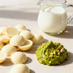 pistachio ganache recipe ingredients on a clean surface