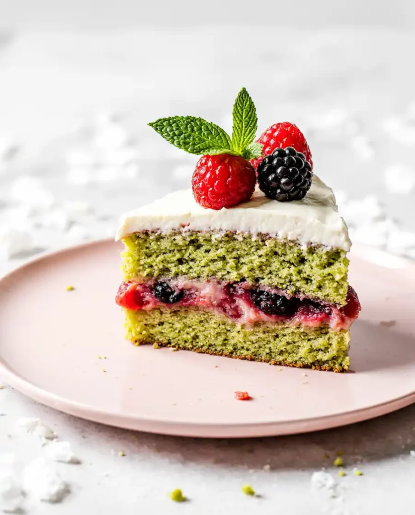 pistachio-raspberry-cake-slice pistachio raspberry cake recipe with pink filling and green layers