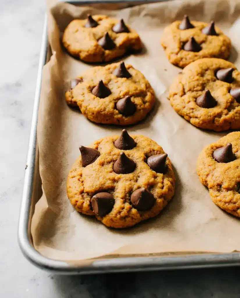 pumpkin-chocolate-chip-cookies-baking modern pumpkin chocolate chip cookies on parchment