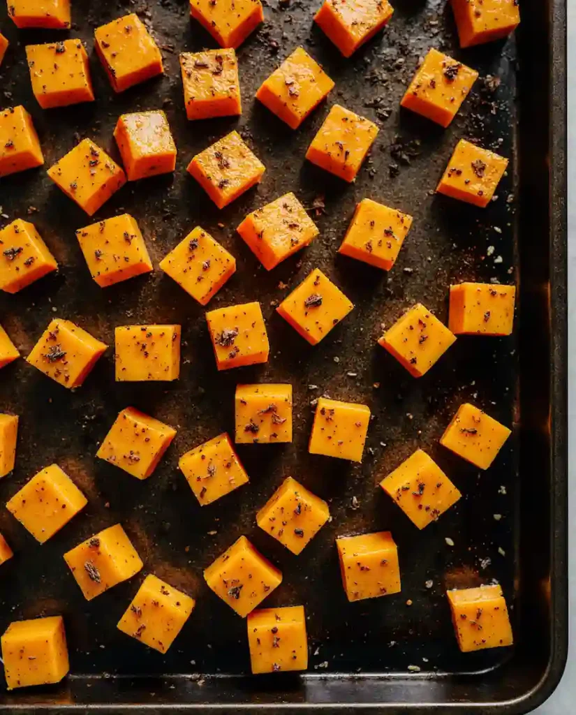roasting-squash-for-soup Cubed butternut squash seasoned and ready for roasting to make autumn squash soup.