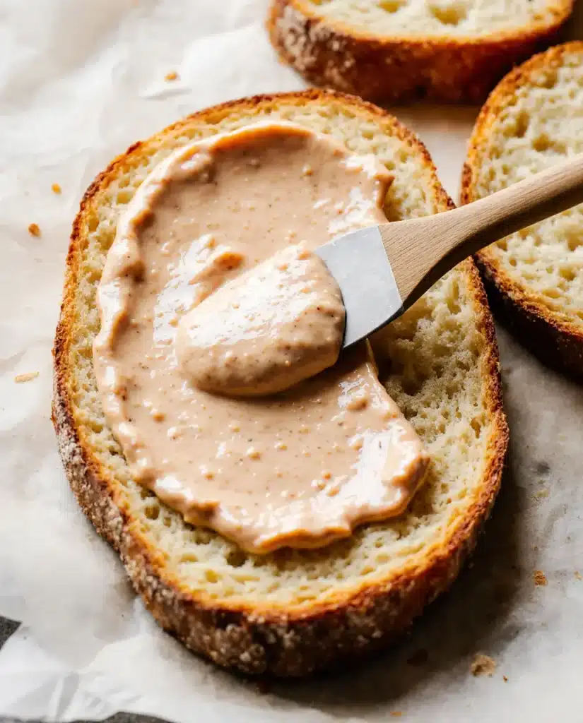 toasted-chicken-frontega-aioli-spread-modern Spreading chipotle aioli on focaccia bread for the Toasted Chicken Frontega.