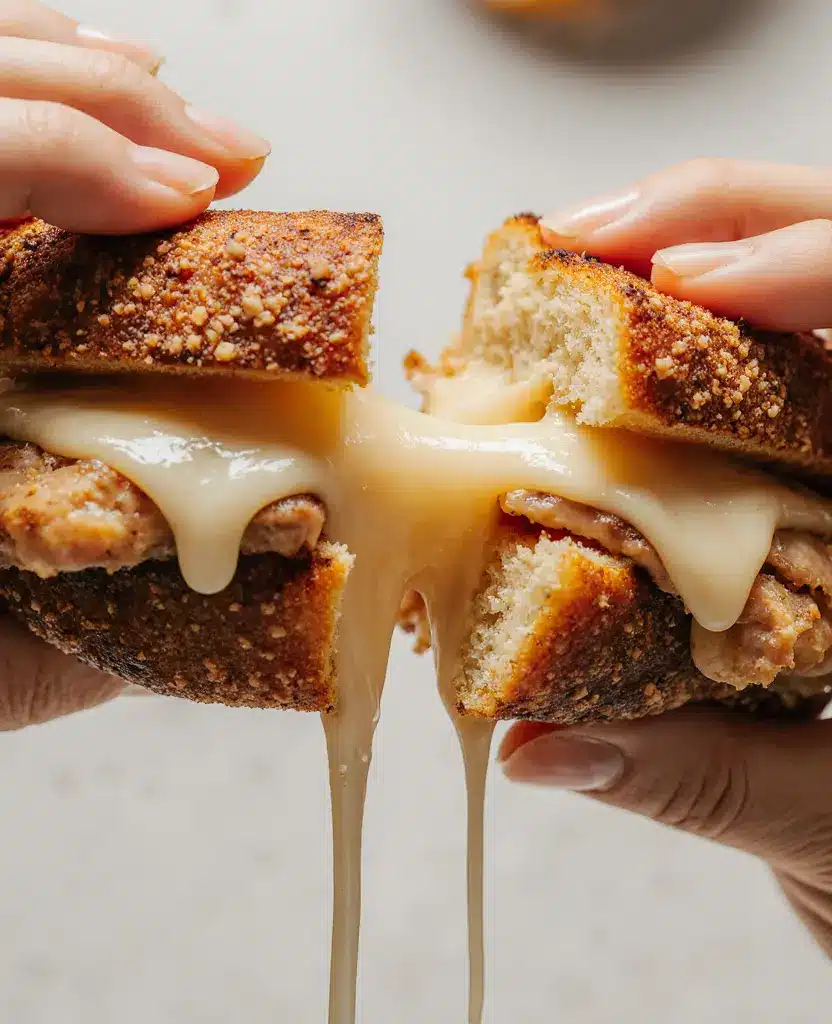 toasted-chicken-frontega-cheese-pull-modern toasted frontega chicken : A dramatic cheese pull from a freshly made Toasted Chicken Frontega sandwich.