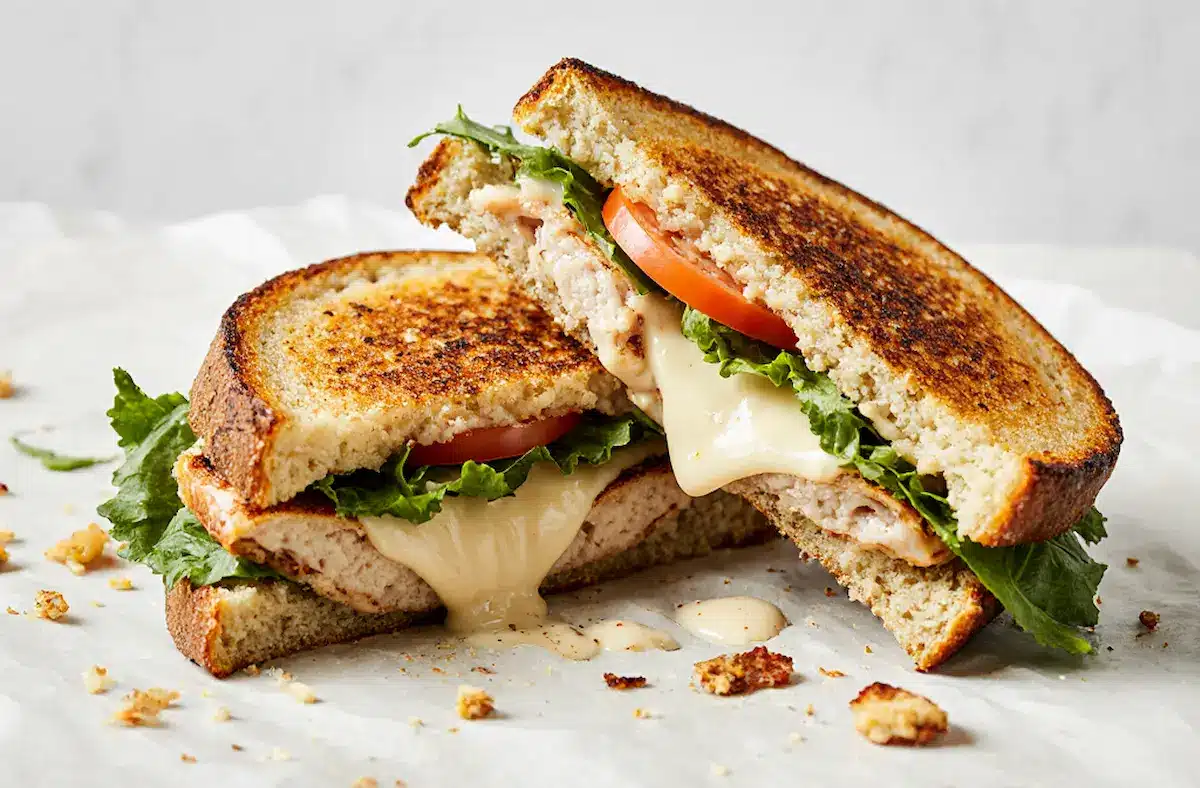 A Toasted Chicken Frontega sandwich cut in half to show the melted cheese and layers.