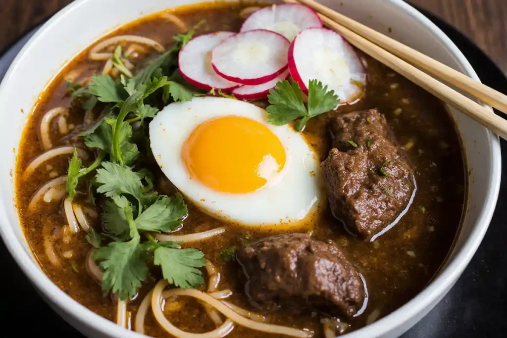 The One Secret to Restaurant Quality Birria Ramenc recipe at Home 1 delicious bowl from a birria ramen recipe, with tender beef, a soft-boiled egg, and fresh toppings.